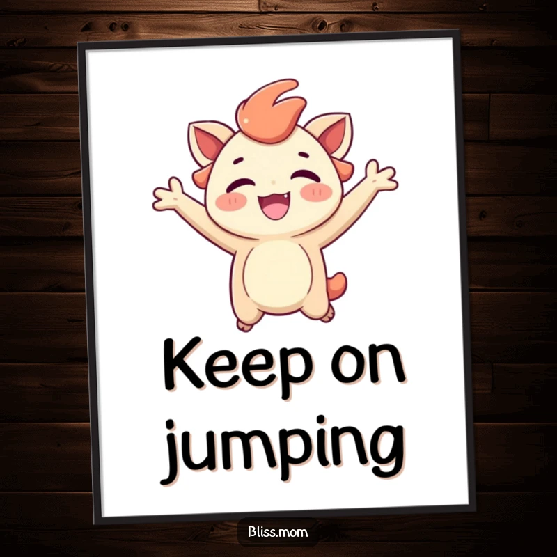 Funny poster print of a creature captured mid-leap, full of ecstatic joy and radiating a carefree, happy expression.