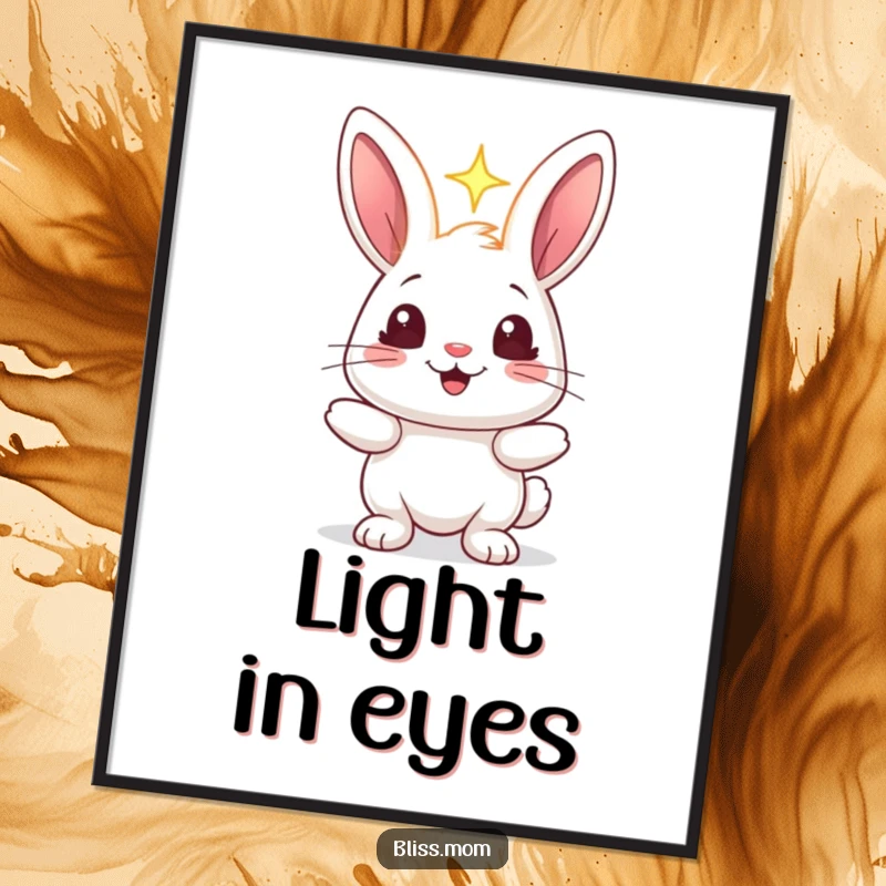 Funny rabbit poster showcasing a cheerful bunny with sparkling eyes, holding a radiant light, bringing warmth and joy to any space.
