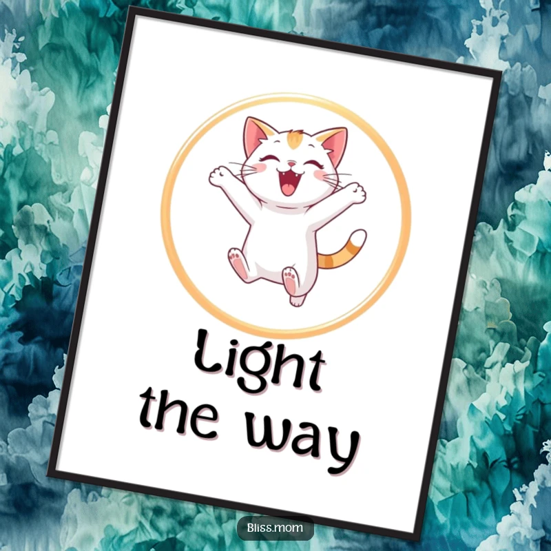 Funny cat poster capturing a playful cat in mid-jump through a brilliant hoop of light, adding a touch of whimsical cheer to any wall.