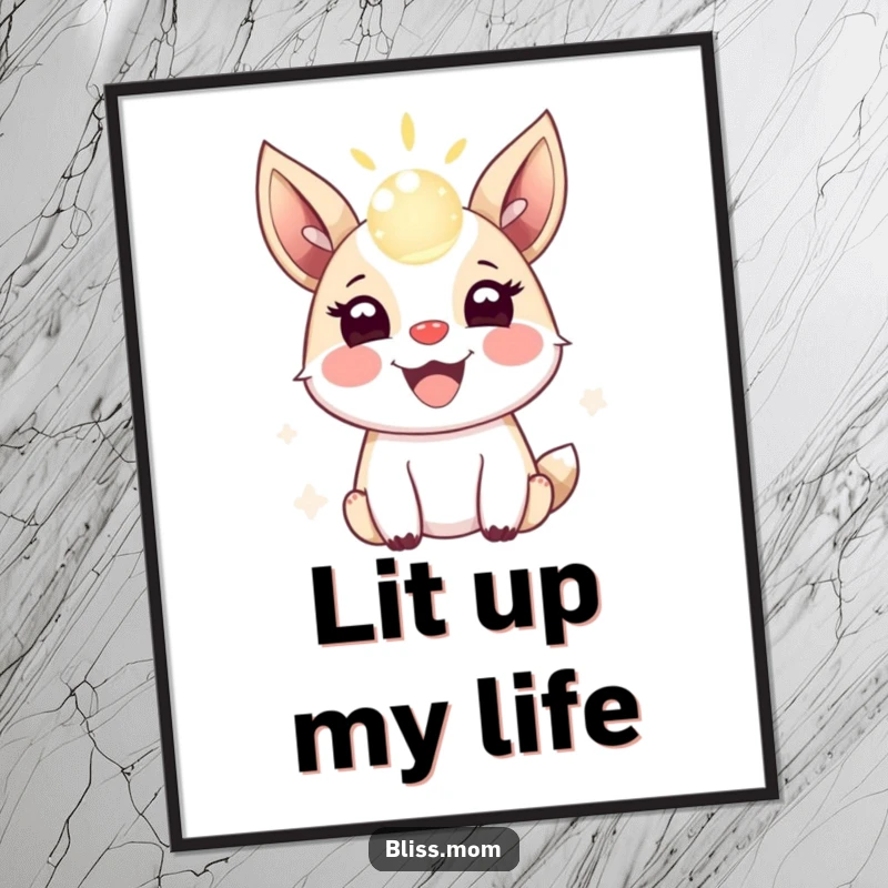 Funny poster print of a joyful animal with expressive ears, energetically bouncing a glowing, shimmering orb of light.