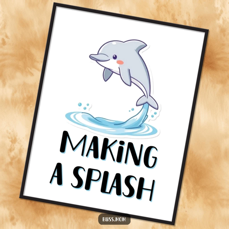 Funny poster of a gleeful kawaii dolphin joyfully leaping from the water, bringing a vibrant and humorous aquatic scene to any room.