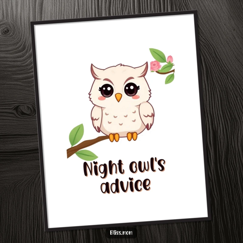 Funny Mama Owl Art Print, depicting a beaming owl with a twinkling eye, adding wise and whimsical charm to walls. A great gift.