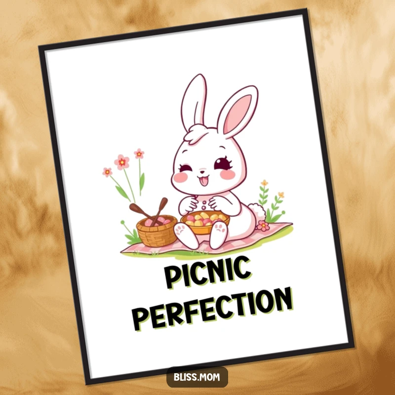 Funny Kawaii Bunny Mom Poster: A smiling bunny mom enjoys a picnic scene. Adorable art that radiates pure, gentle joy.