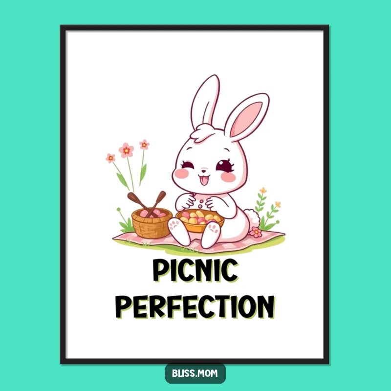 Funny Kawaii Bunny Mom Poster: Radiant Picnic Scene, Whimsical Funny Gift Decor