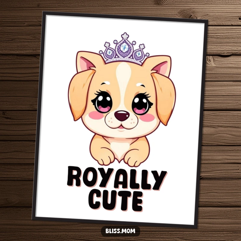 Funny Kawaii Dog Mom Poster: A dog mom gleams with sparkling eyes and a royal tiara. Captures regal feline admiration and humor.