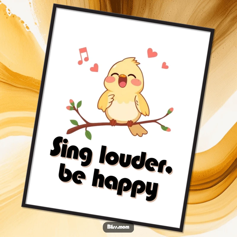 Funny Bird Poster: Captures a cheerful bird perched on a branch, singing its heart out with gusto.