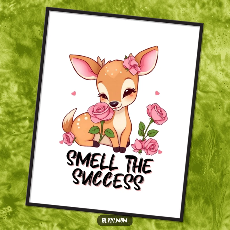 Funny Kawaii Deer Mom Poster, in a moment of pure delight smelling a beautiful rose, adding charm to any wall.