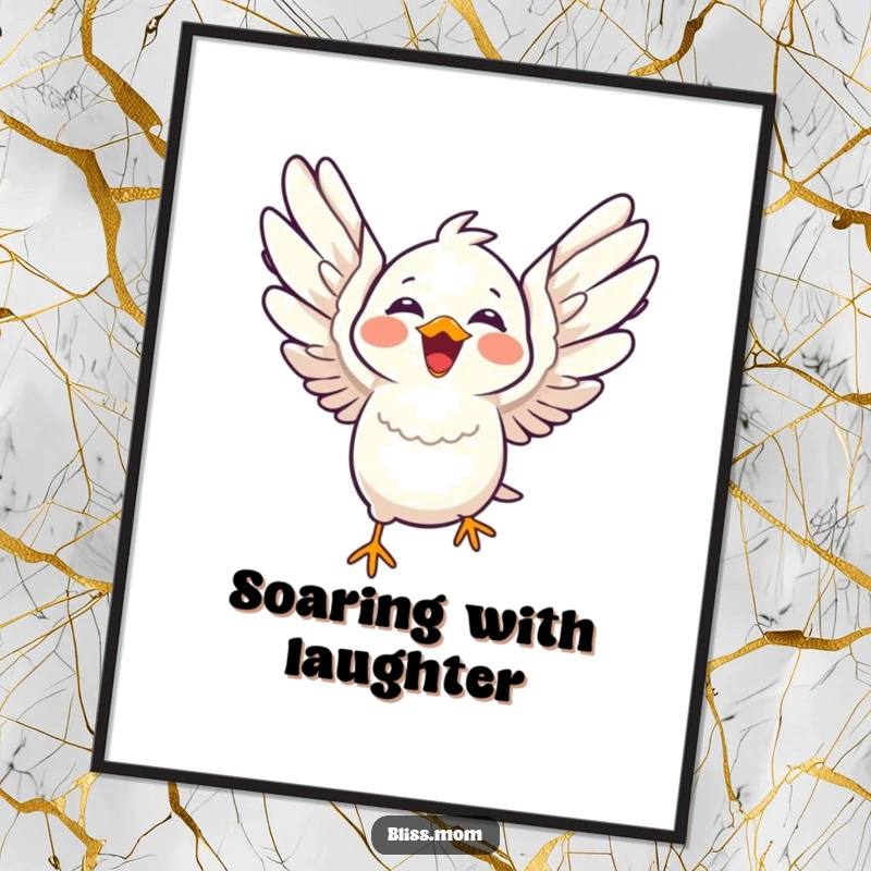 Funny laughing kawaii bird with wings spread wide in flight, cute bird wall art, vibrant and happy, perfect funny gift.