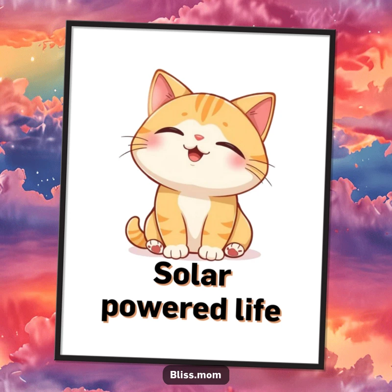 Funny Cat Poster: a joyful cat with closed eyes peacefully basking in a warm sunbeam, bringing serenity indoors.