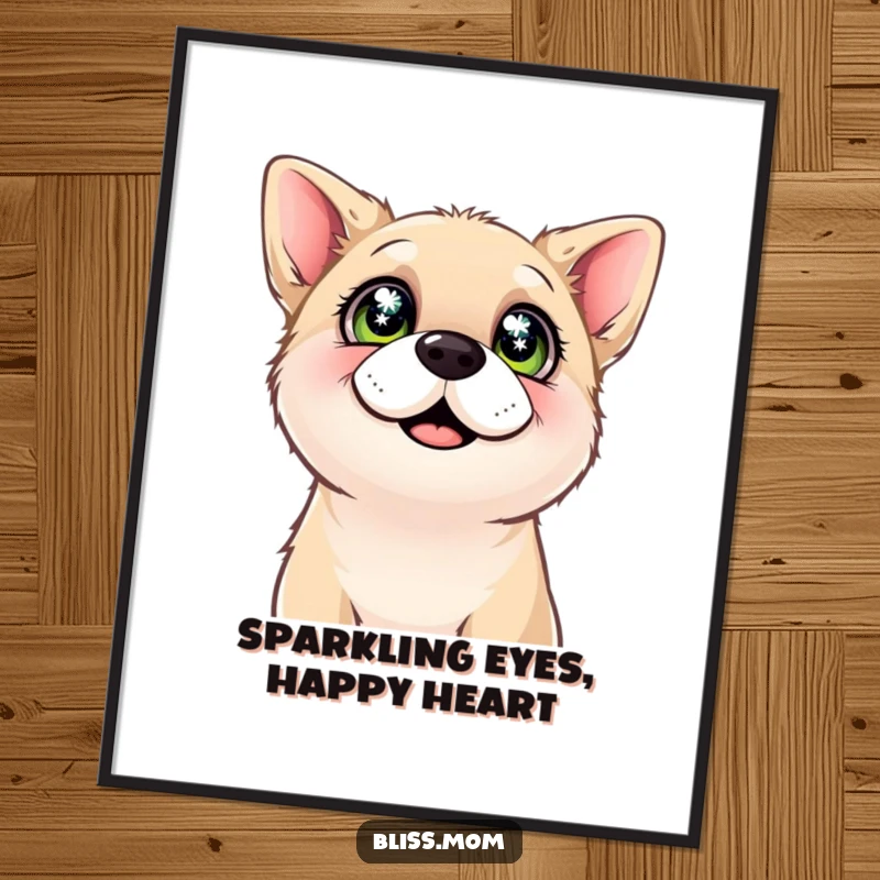 Funny poster of a content dog looking upwards with incredibly sparkling eyes, radiating pure happiness and a loving gaze.