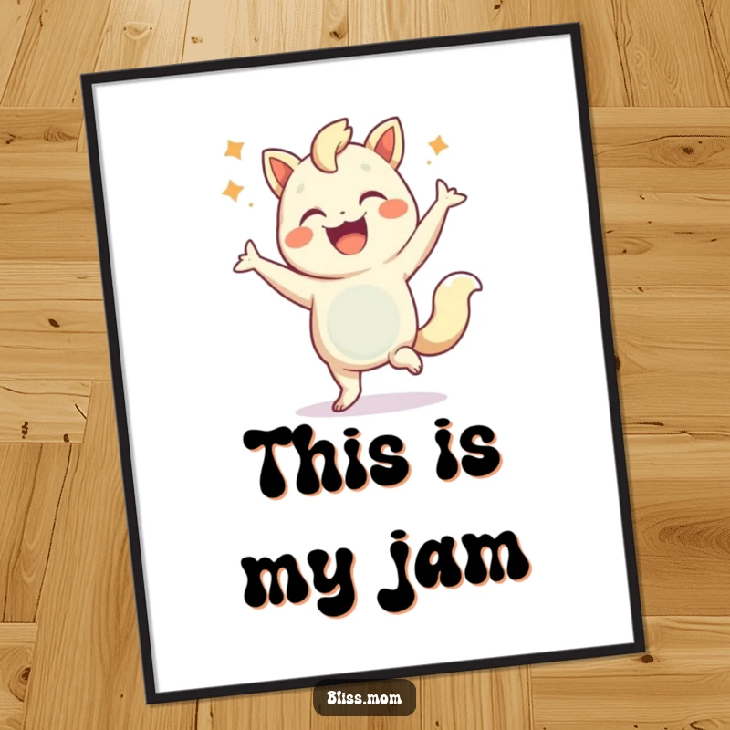 Funny poster print of a happy creature executing a dynamic celebratory dance, adding a cheerful and artistic touch.