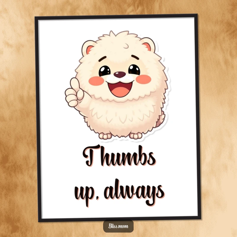 Funny poster of a delightful fluffy animal giving a massive, infectious smile and a clear thumbs up, radiating happiness.