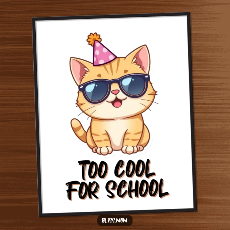 Funny poster print of a joyful cat wearing sunglasses and a party hat, exuding infectious giggles and party spirit.