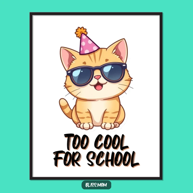 Funny Giggling Cat Sunglasses Party Hat Poster: Hilarious Wall Art Gift!