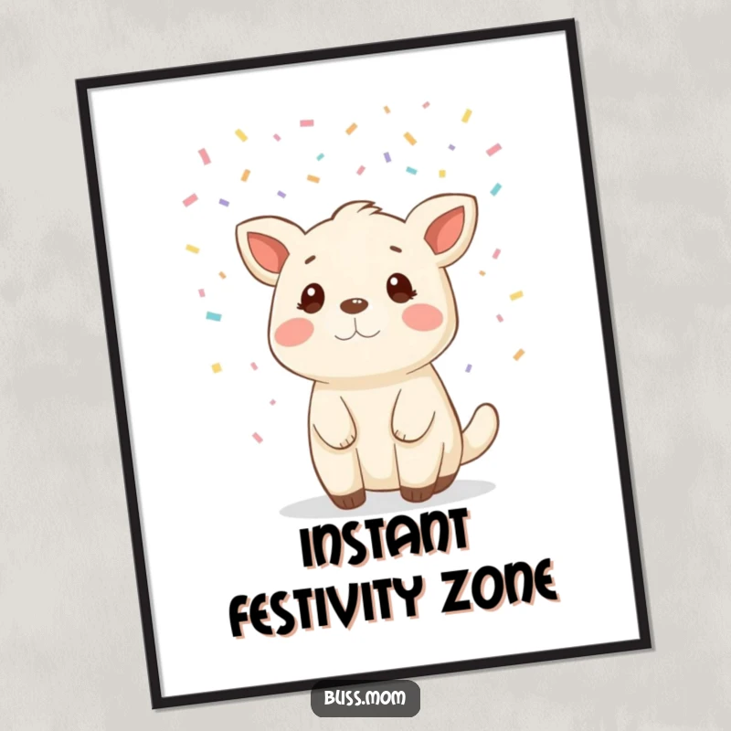 Funny animal poster in a gentle confetti shower, adding a touch of celebration and vibrant energy to wall decor.