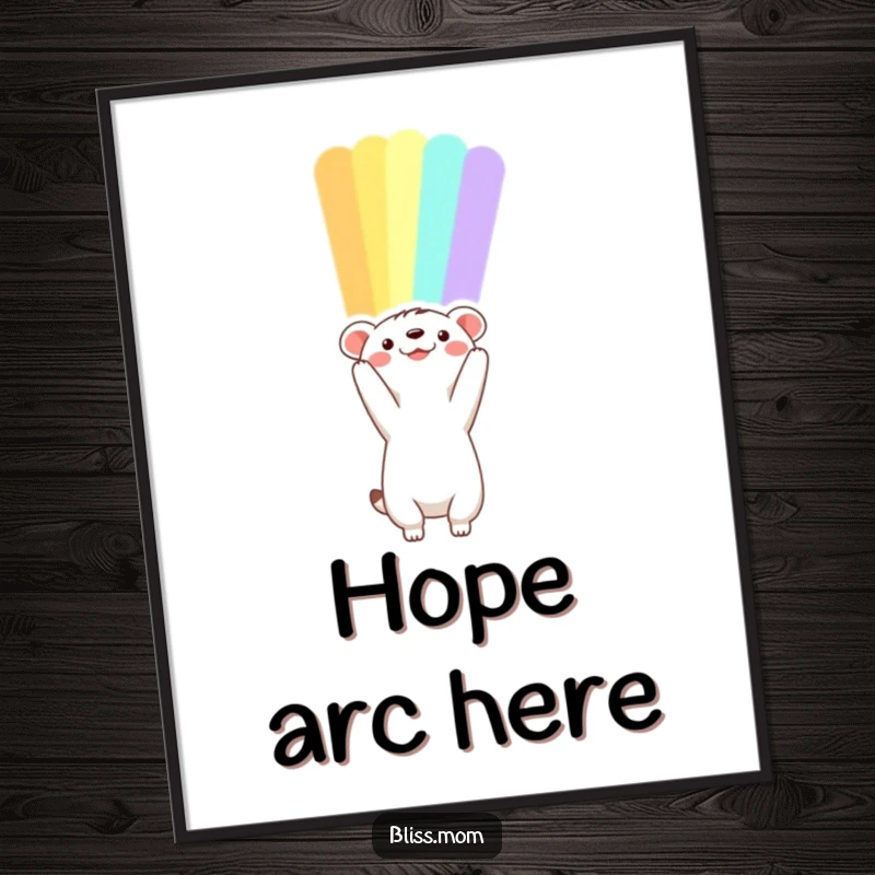 Funny animal poster reaching up towards a vibrant, colorful rainbow, creating a hopeful and inspiring wall art piece.