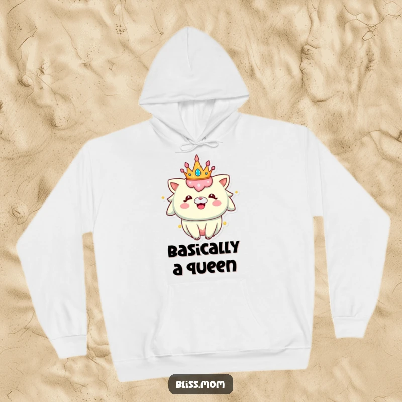 Funny Hoodie: A delighted creature wears a sparkly crown, radiating happiness and cozy comfort, perfect for a chilly day.