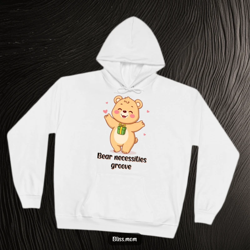 Funny hoodie featuring a happy bear mom playfully dancing with a small gift, looking energetic and loving.