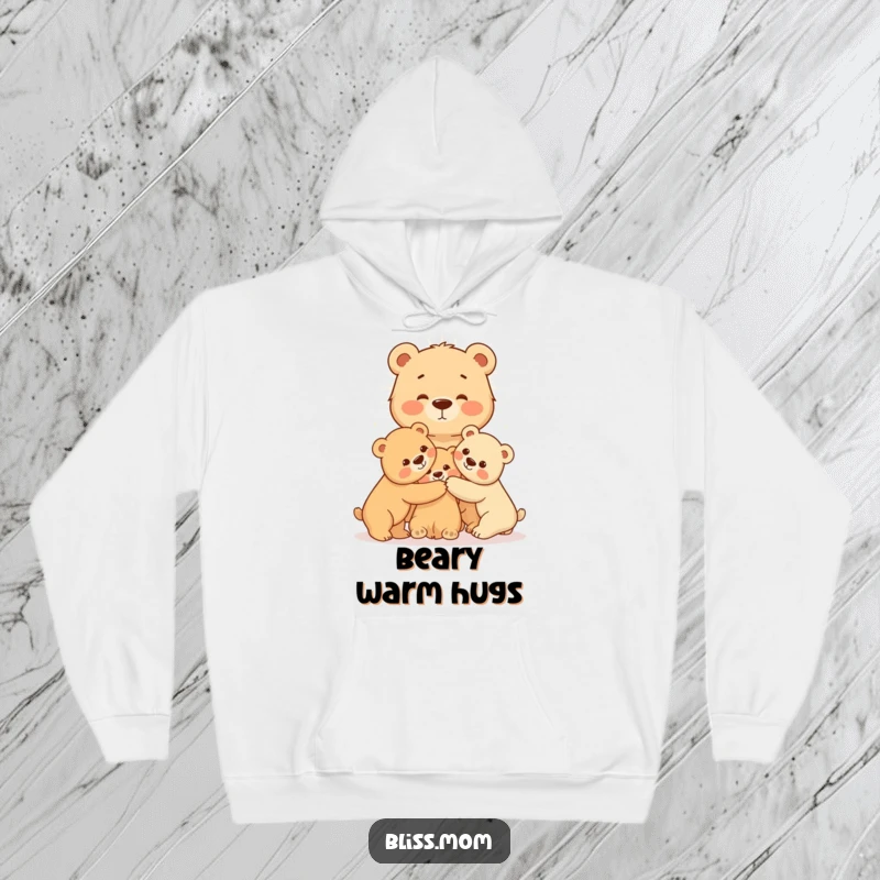 This cozy hoodie features a radiating mama bear sharing a loving hug with her cubs, embodying protection and maternal warmth.