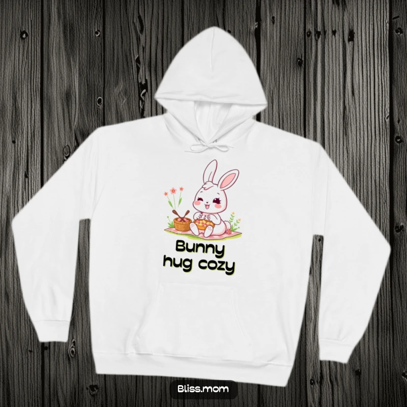 Funny Kawaii Bunny Mom Hoodie: A smiling bunny mom enjoys a picnic. Cozy and humorous, perfect for bunny enthusiasts.