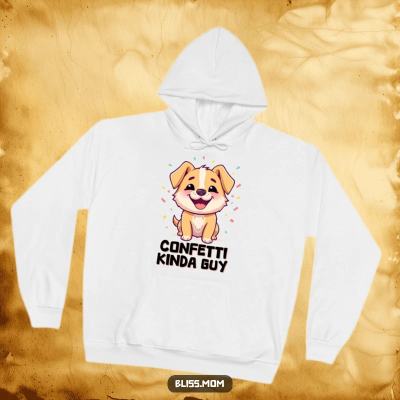 Funny hoodie featuring a happy dog character with a beaming smile, surrounded by colorful confetti, comfortable and celebratory apparel.