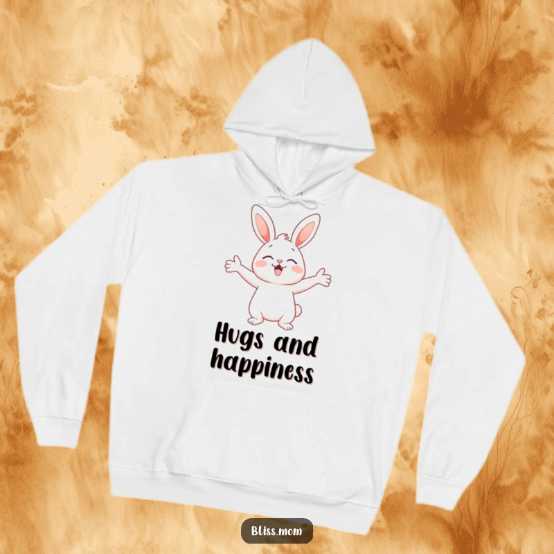 Funny hoodie featuring a cute bunny with arms wide open in a gesture of pure delight, inviting warmth and happiness.
