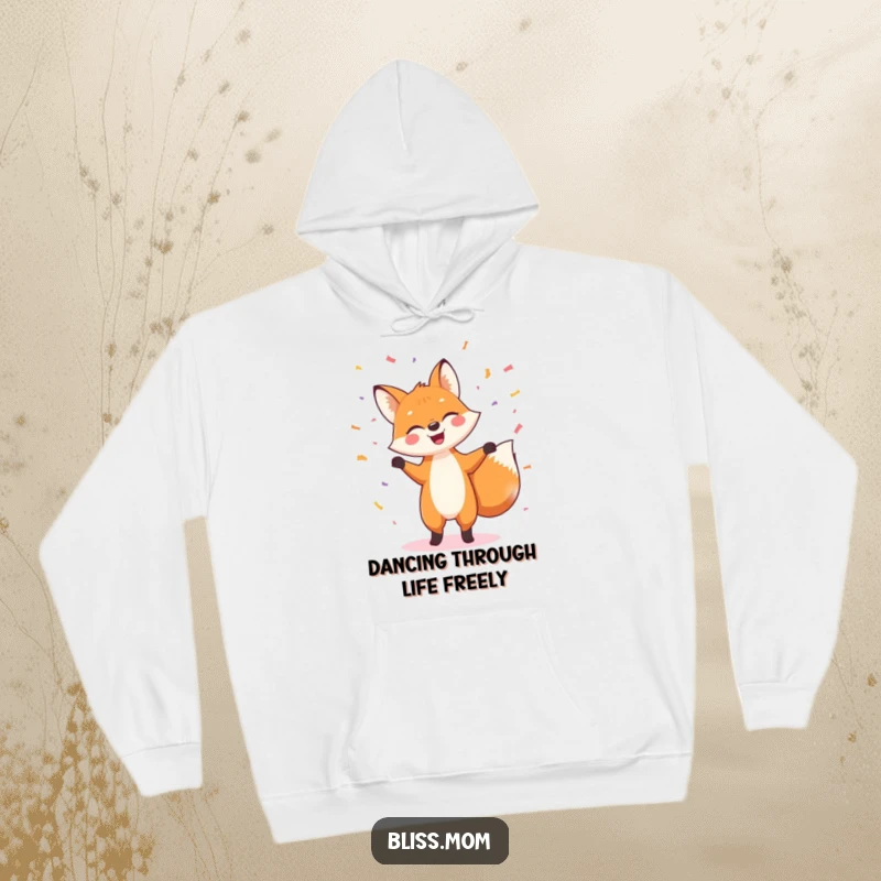 Funny hoodie depicting a happy fox mid-dance, joyfully kicking up colorful confetti, embodying ultimate cheerfulness and a festive party mood.
