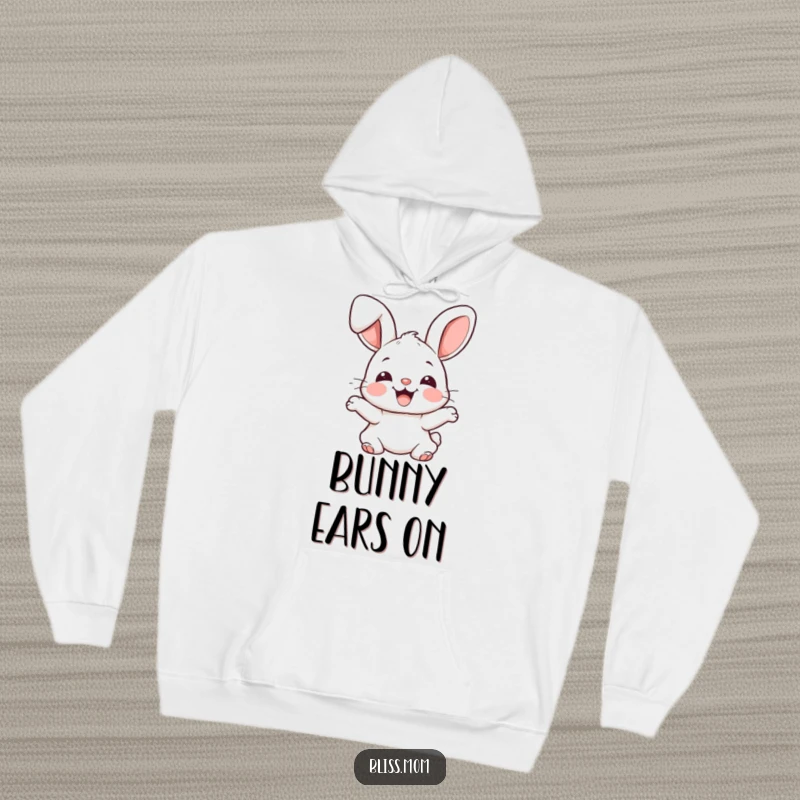 Funny joyful kawaii bunny with floppy ears bouncing excitedly, cozy rabbit hoodie, perfect funny gift for warmth and cuteness.