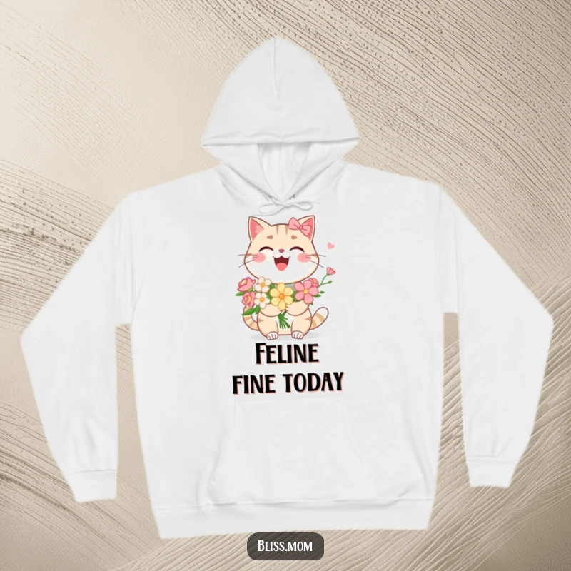 Funny Kawaii Cat Mom Hoodie: An ecstatic cat mom laughs wholeheartedly, presenting a lovely flower arrangement. Cozy and hilarious feline-inspired comfort.