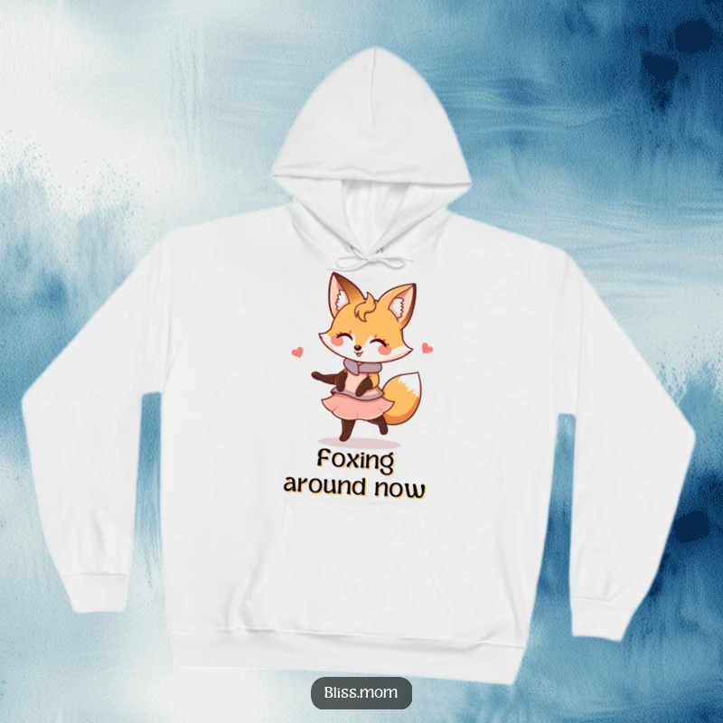 Funny Kawaii Fox Mom Hoodie: A happy fox mom twirls gracefully. Cozy and humorous, perfect for fox enthusiasts.