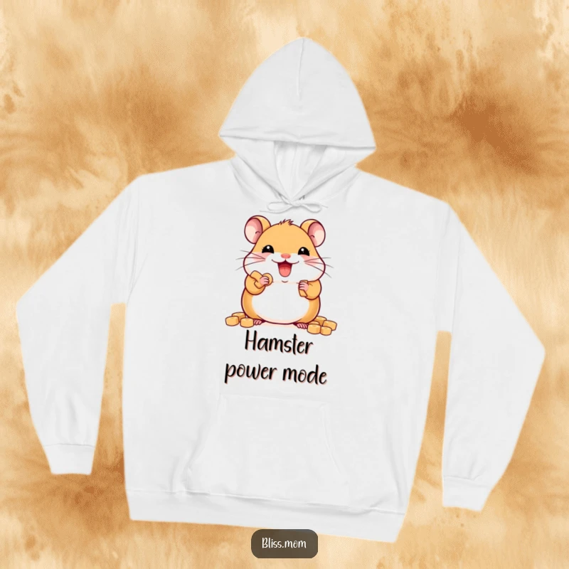 Funny delighted kawaii hamster stuffing cheeks with treats, cozy hamster hoodie, perfect funny gift for warmth and cuteness.