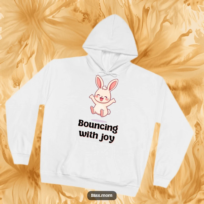 Funny Mama Bunny Hoodie, illustrating a kawaii bunny bouncing with happy delight, perfect for cozy, joyful lounging. A great gift.