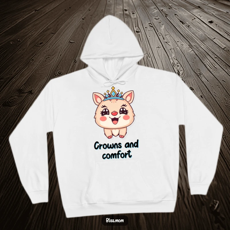 Funny hoodie featuring a joyful animal wearing a sparkling crown and a radiant smile, offering warmth and regal comfort.