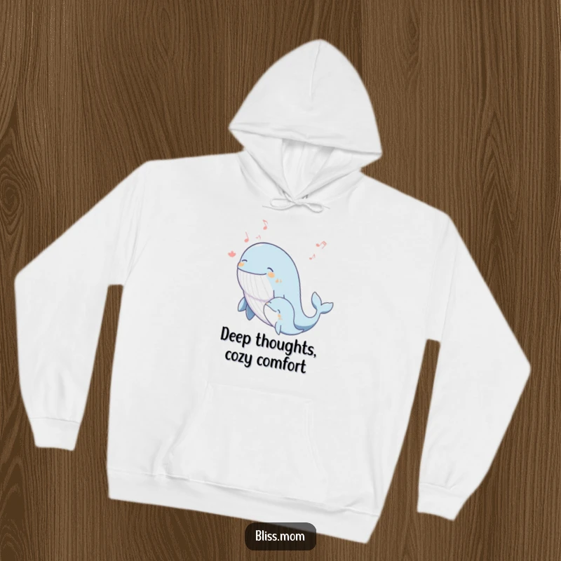 Funny whale mom hoodie depicting a blissful mother whale singing a joyous melody with her calf, offering cozy serenity.