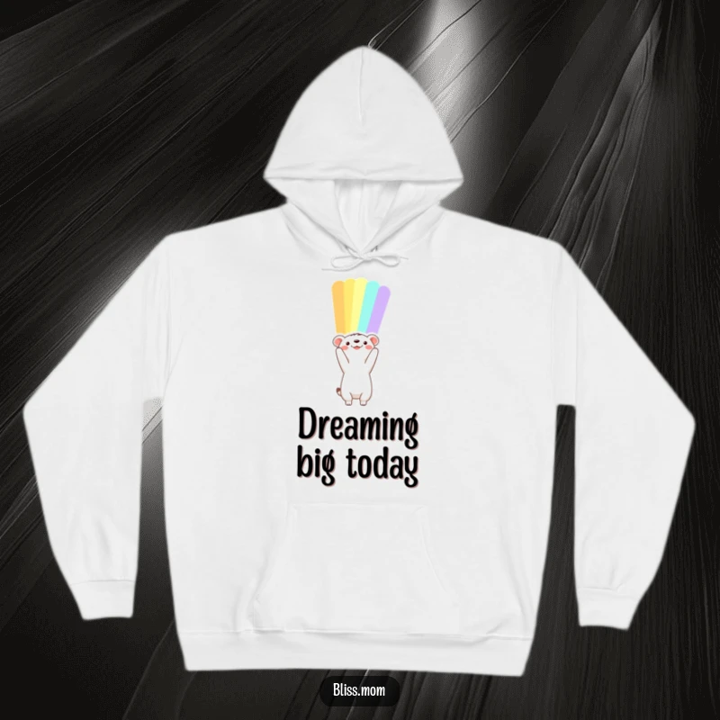 Funny animal hoodie reaching towards a vibrant rainbow, symbolizing comfort, hope, and the pursuit of dreams.