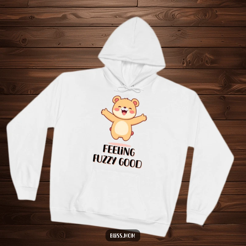Funny Kawaii Bear Mom Hoodie: A happy bear mom jumps with open arms. Cozy and hilarious, perfect for bear lovers.