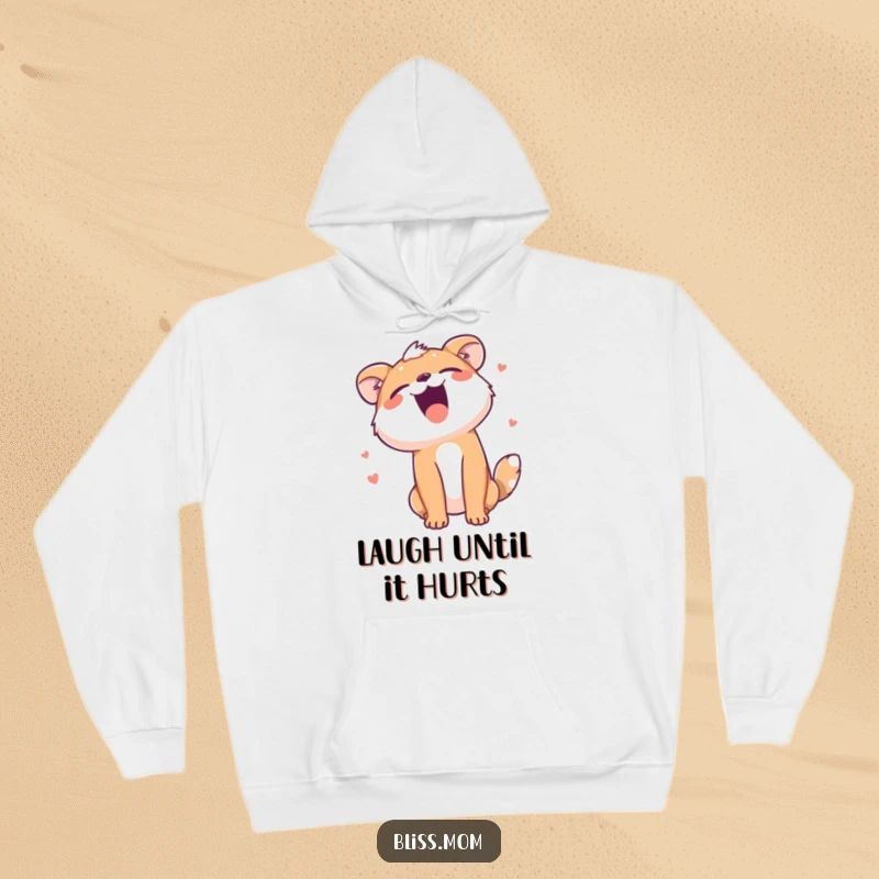 Funny hoodie with an animal uncontrollably laughing, head tilted back in ecstatic amusement, designed for ultimate comfort and humor.