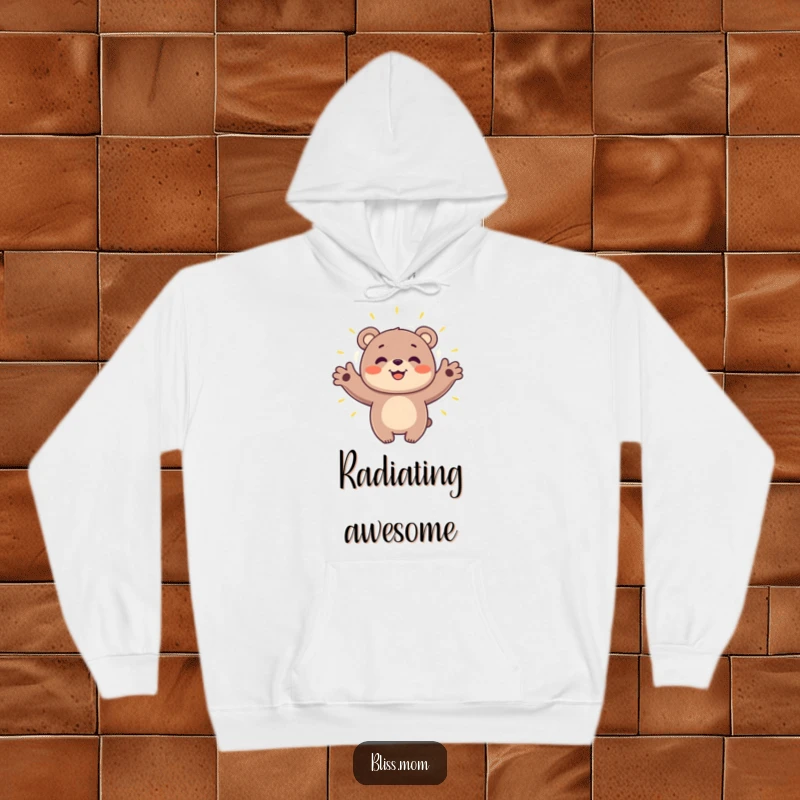 Funny bear hoodie featuring a happy bear with outstretched arms, enveloped by a gentle, glowing aura of peace and happiness.