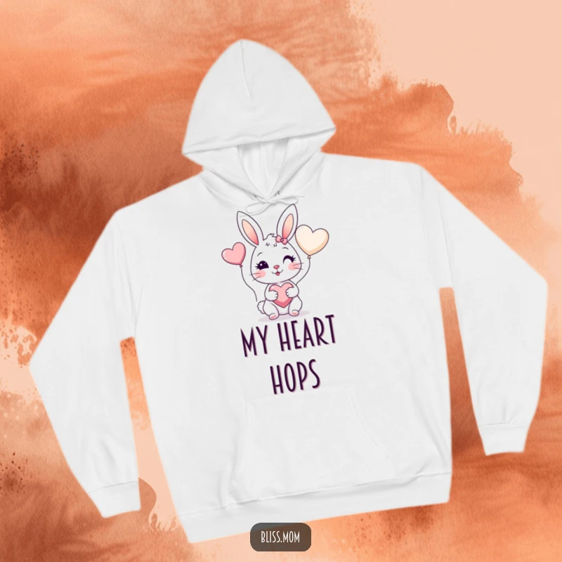 Funny hoodie featuring a cheerful bunny mom with rosy cheeks holding a heart balloon, looking sweet and loving.