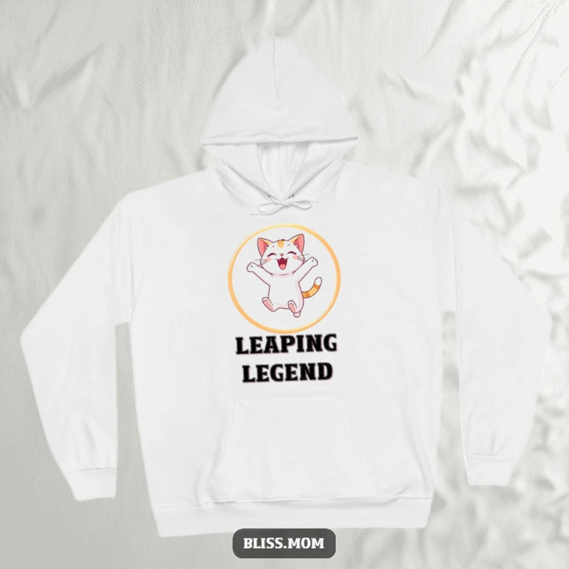 Funny cat hoodie depicting a delighted cat soaring through a luminous hoop of light, radiating fun and warmth for cooler days.