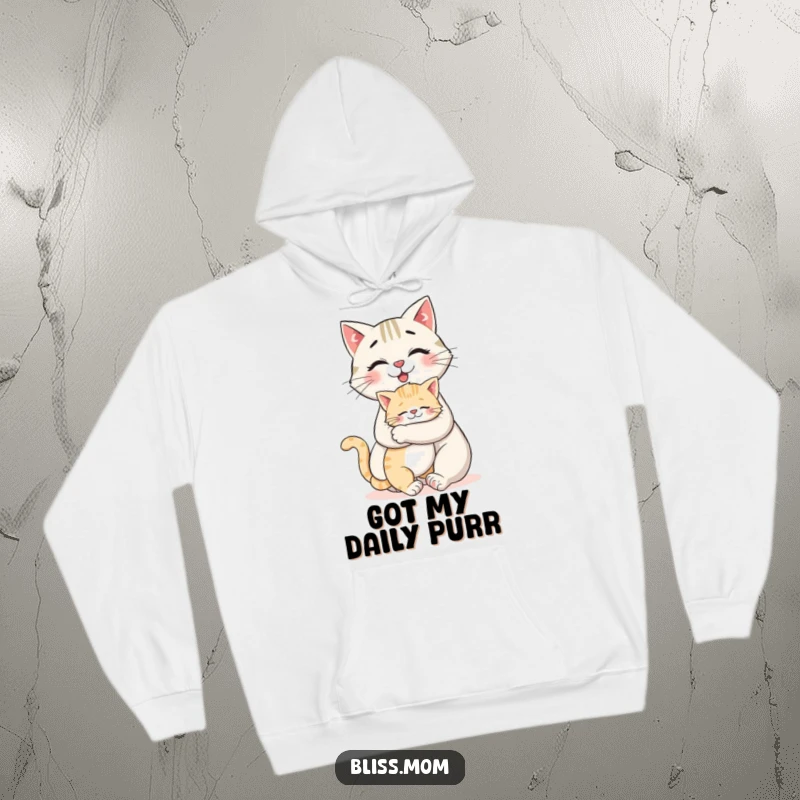 Funny hoodie featuring a smiling cat mom getting a massive hug from her kitten, highlighting a strong bond.