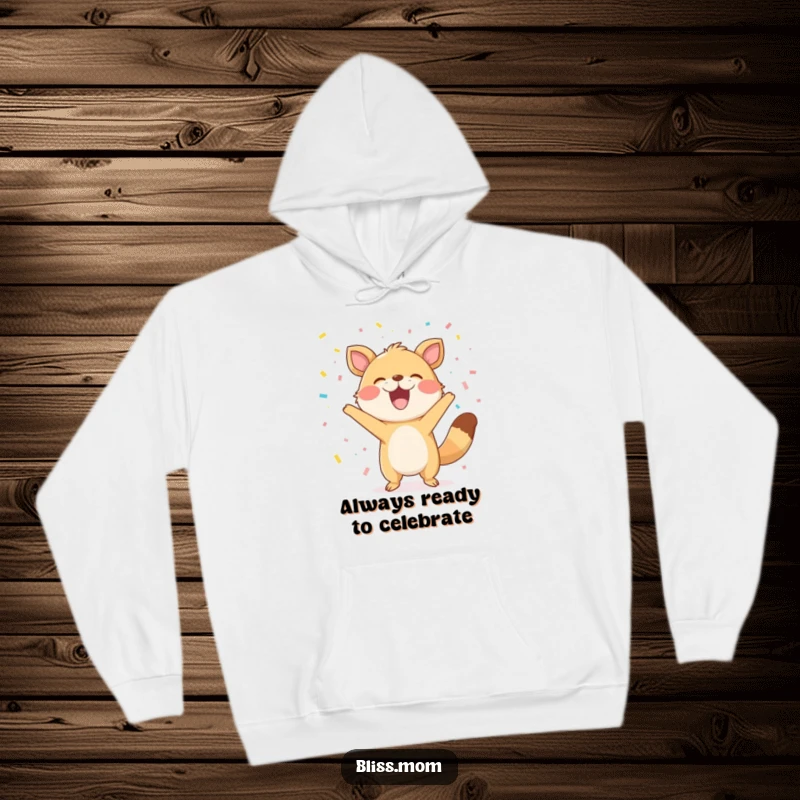 Funny Hoodie: A joyous animal celebrates by tossing confetti, grinning widely, bringing a cozy and humorous vibe.