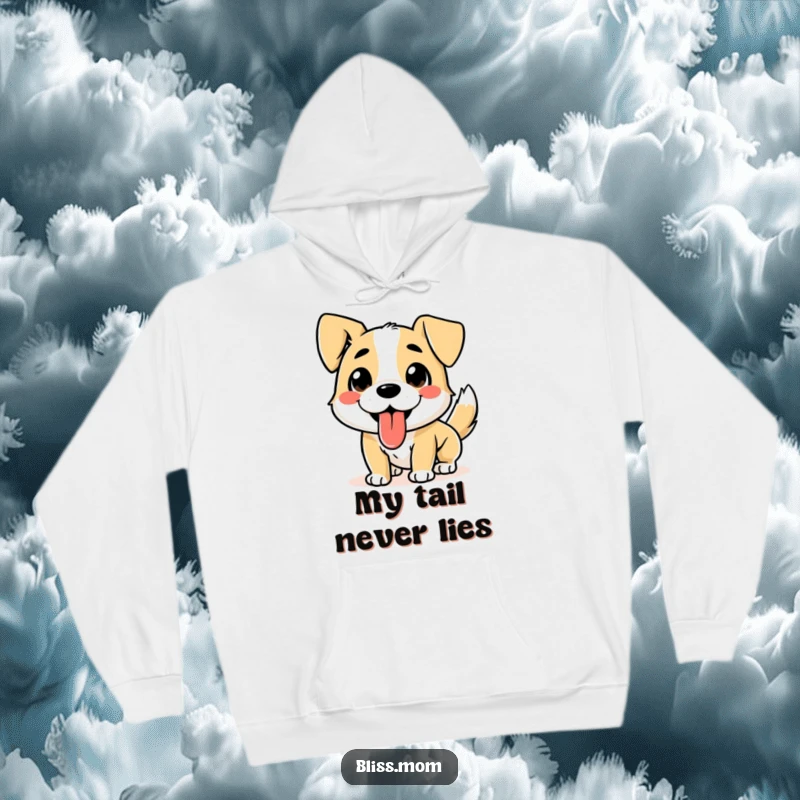 Funny Dog Hoodie: Features a happy, tongue-out dog with a furiously wagging tail, symbolizing boundless energy and affection.