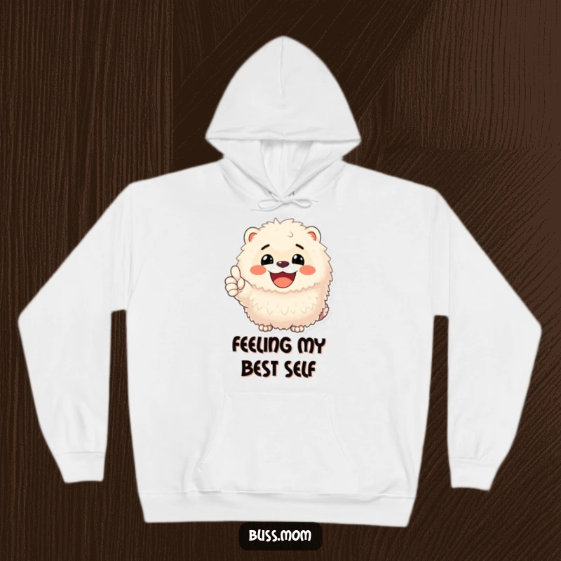 Funny and cozy hoodie featuring a delighted fluffy animal with a beaming smile and an encouraging thumbs up.
