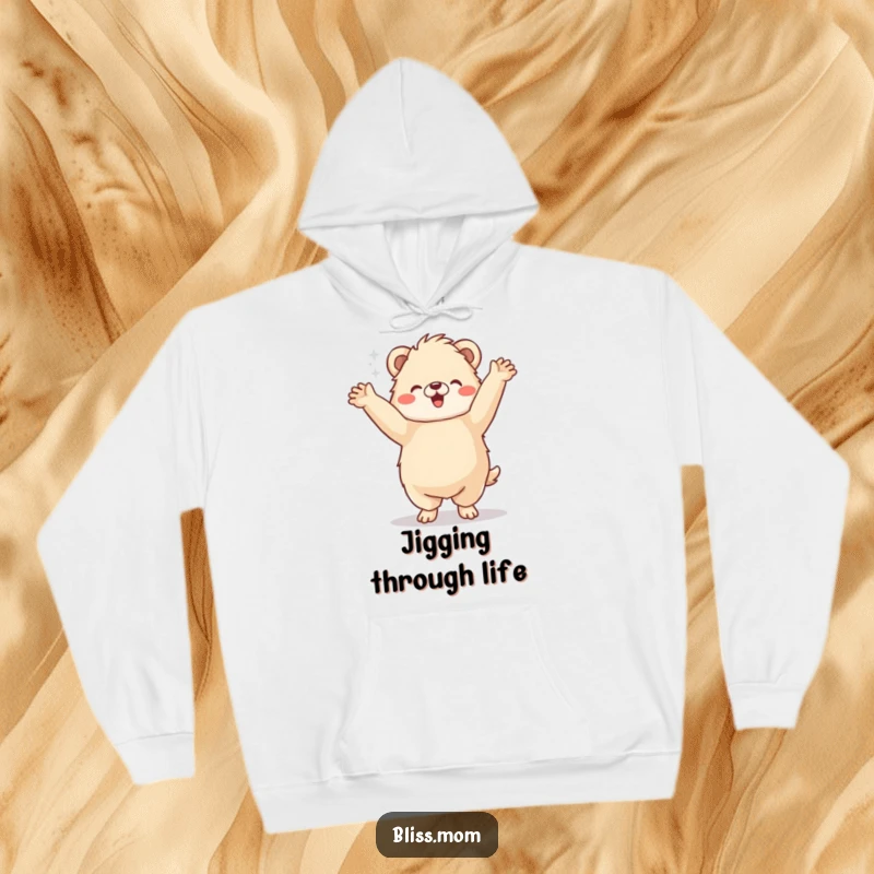 Funny Hoodie: A fluffy animal performs a joyful jig with arms in the air, offering cozy and hilarious dance vibes.