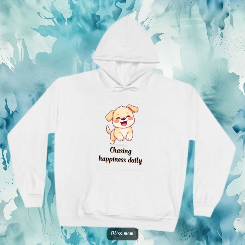 Funny hoodie with a kawaii puppy joyfully chasing bubbles, offering warmth and a dose of adorable fun.