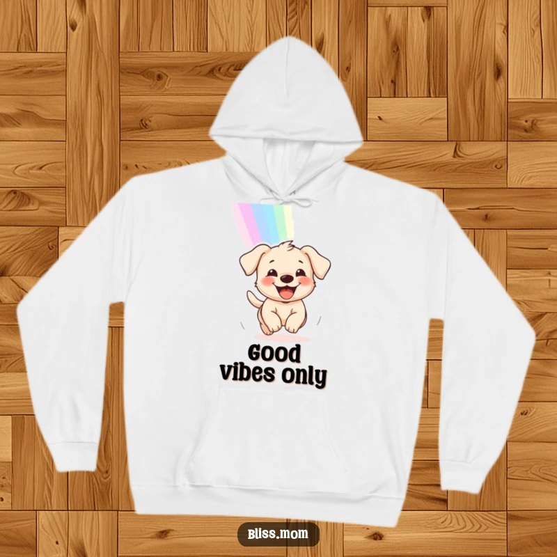 Funny, cozy hoodie featuring a delighted puppy with a wide grin, chasing a bright rainbow, bringing warmth and happiness.