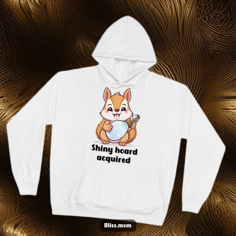Funny squirrel mom in a cozy hoodie proudly shows off a shiny recovered item, perfect for gifting.