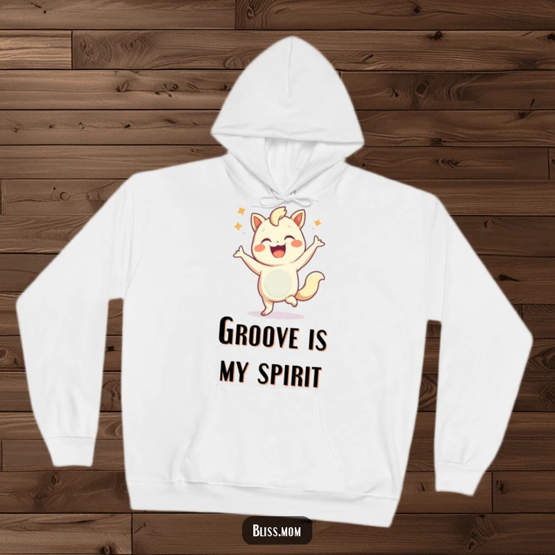 Funny hoodie showcasing a blissful creature engaged in a lively celebratory dance, radiating happiness and fun.