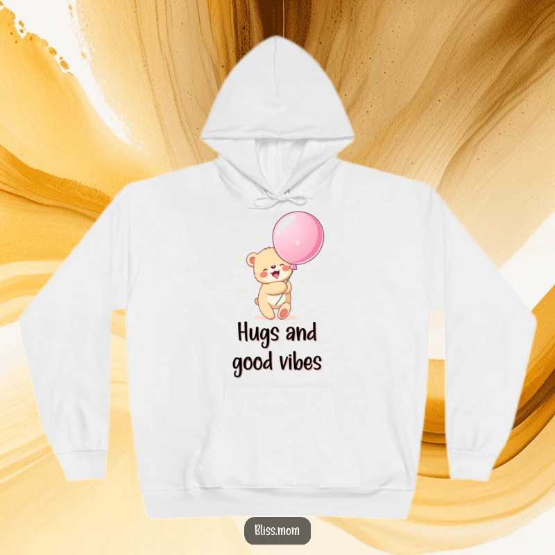 Funny, cozy hoodie featuring a bear cub hugging a large, sparkling balloon, perfect for spreading warmth and cheer.
